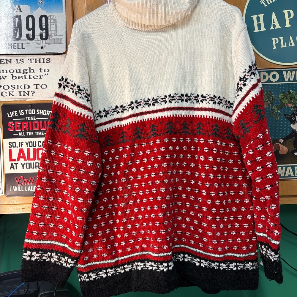 Studio Works Festive Red and Cream Cowl Neck Sweater